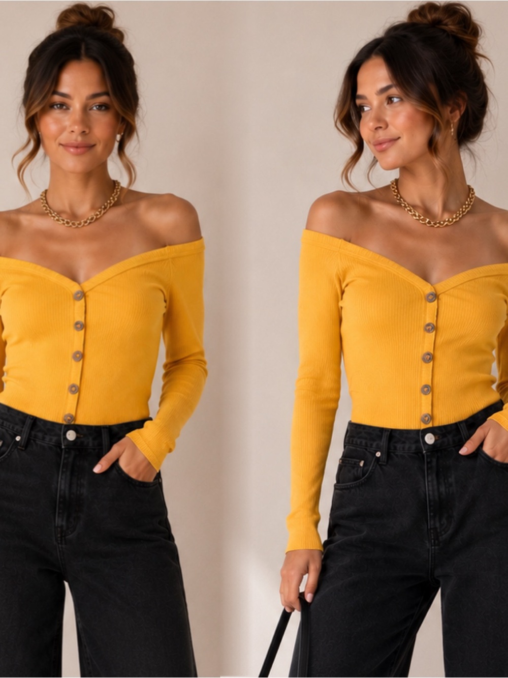 Iris Basic Mustard Yellow Off-Shoulder Button-Front Ribbed Top - Picture 4 of 10